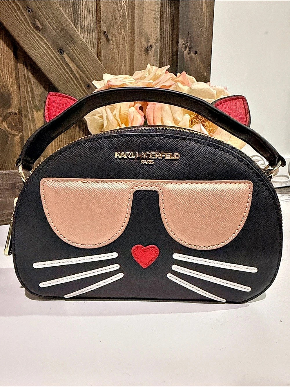 Karl Lagerfeld Cat Face Crossbody Bag in Black & Pink Like New
